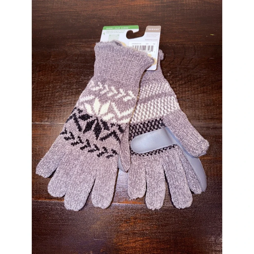 Isotoner smarTouch Ash Grey Fair Isle Snowflake Chenille Knit Gloves New 1SZ - Picture 4 of 5
